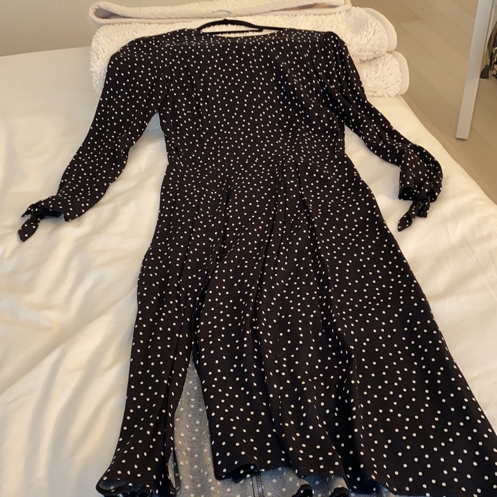 Reformation black dress with white polka dots